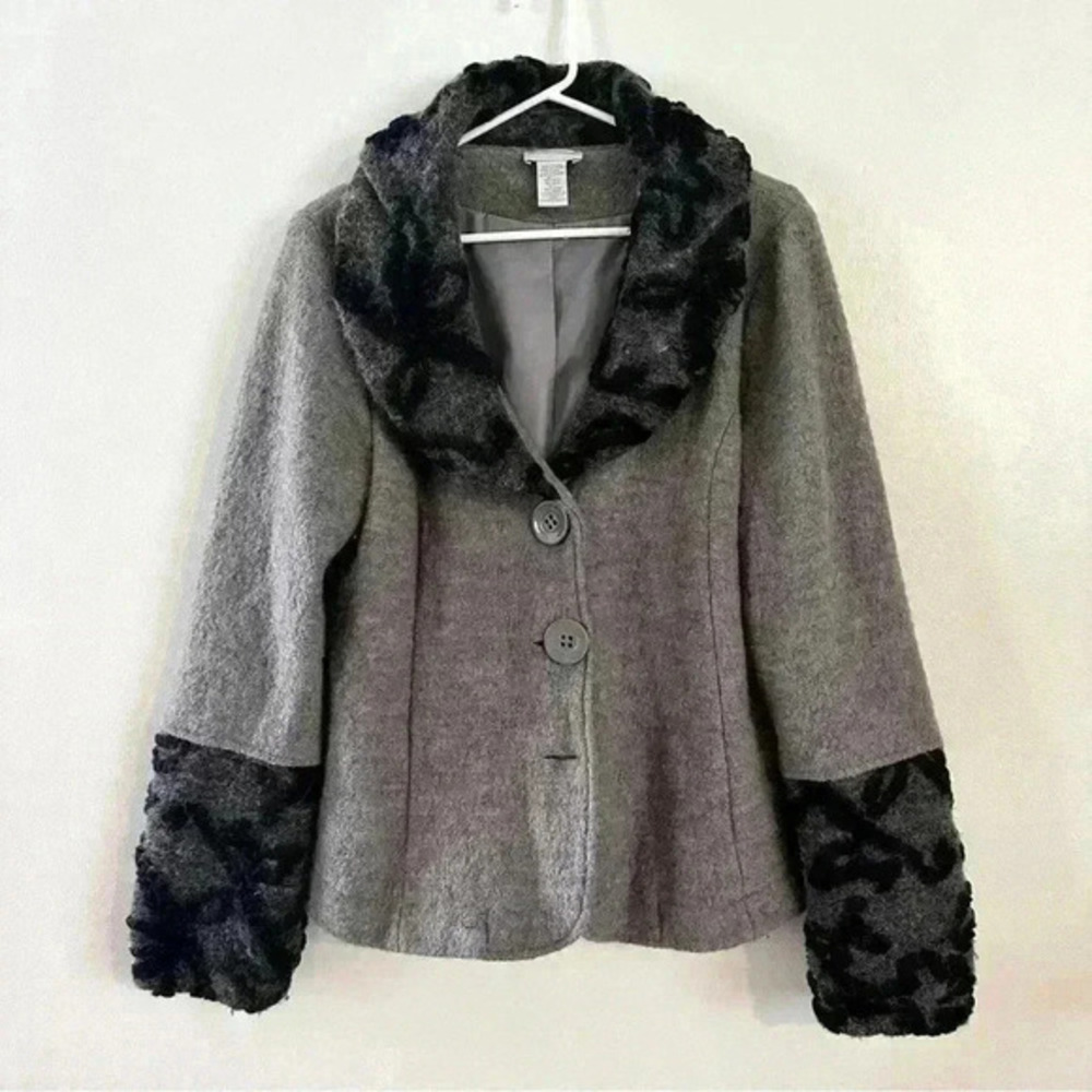 Soft Surroundings Coat Large Wool Jacket Gray Button Black Accent Sleeves Collar